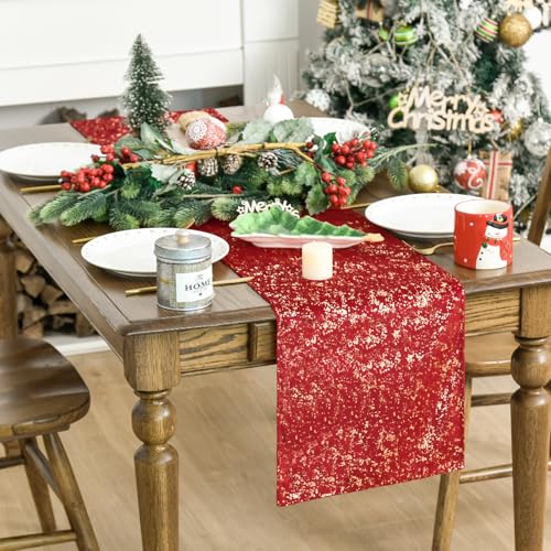 Red Dutch Fleece Table Runner 13x90 Inch Holiday Dining Decor Glitter Metallic Foil