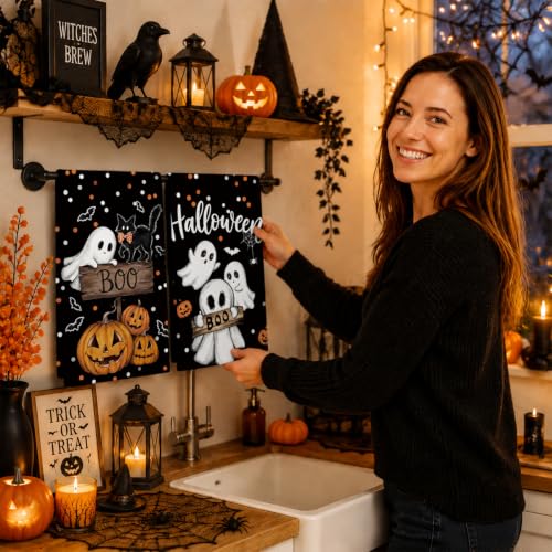 Halloween Ghost Pumpkin Kitchen Towels Set of 2 - Absorbent Dish & Hand Towels