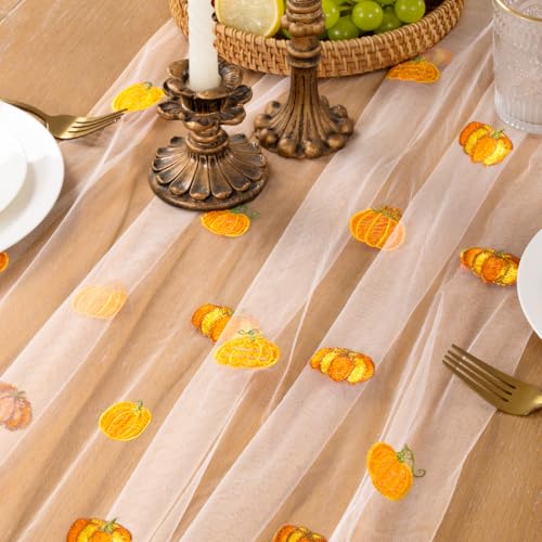 Pumpkin Embroidered Fall Table Runner 120 Inch - Set of 1, Tulle Decor
