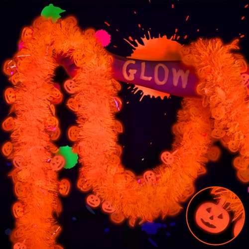 Neon Pumpkin Halloween Garland - 26ft Fluorescent Tinsel Decor with Pumpkins - Variation of THIS listing