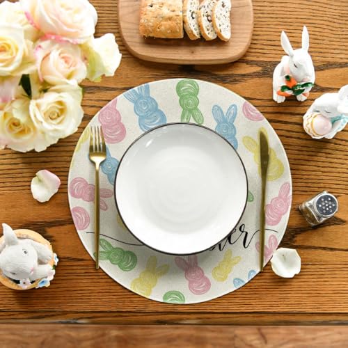 14-Inch Round Bunny Easter Placemats Set of 4 Beige Seasonal Table Decor