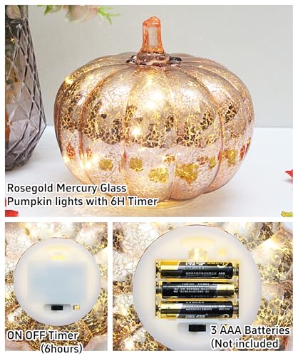 Mercury Glass Pumpkin Light with Timer - Rosegold Fall Halloween Decor with Fairy Lights