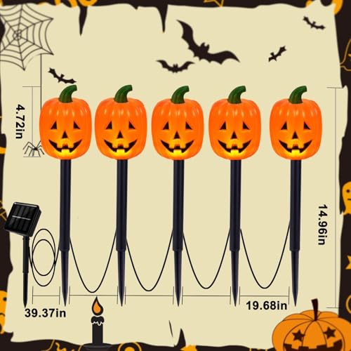 Long Pumpkin Stake Lights Set of 10 - Solar Halloween Yard Decor