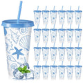 24 oz Coastal Summer Plastic Cups with Lids & Straws - Blue Bow Shells