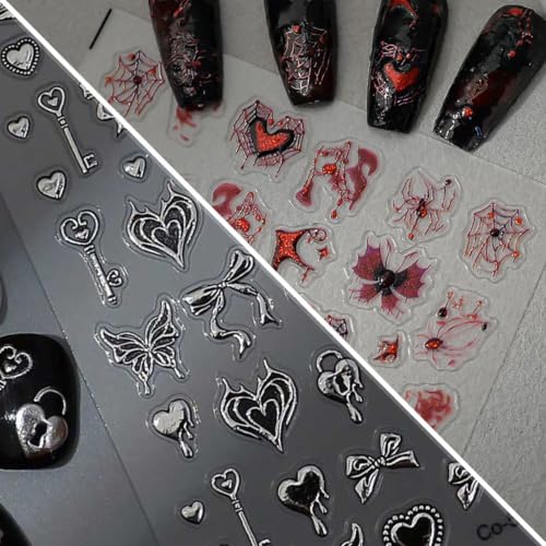 Halloween Nail Stickers 3D Red Spider Web Bat Love Design - Horizontal & Silver Variation