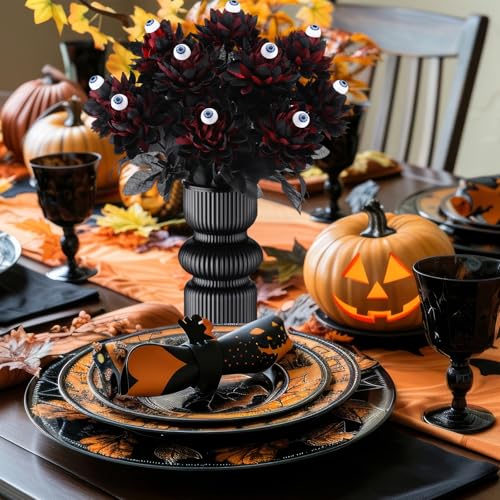Halloween Black Artificial Flowers with Eyeball Decor - 16 Inch Set of 12
