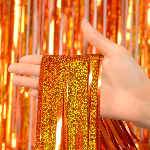Orange Foil Fringe Curtain Backdrop 3 Pack - 3.2 x 8.2 FT Party Decorations
