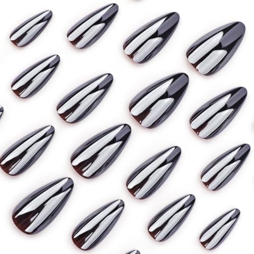 Chrome Almond Press On Nails - Medium Length Fake Nails with Glossy Black Finish & USPs