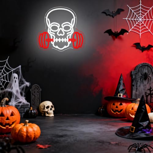 Dumbbell Skull Neon Sign for Gym & Halloween Wall Decor - Red & White