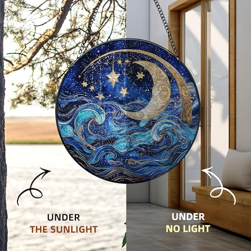 Moon and Star Stained Glass Window Hanging - Blue Celestial Sun Catcher, 7.9in
