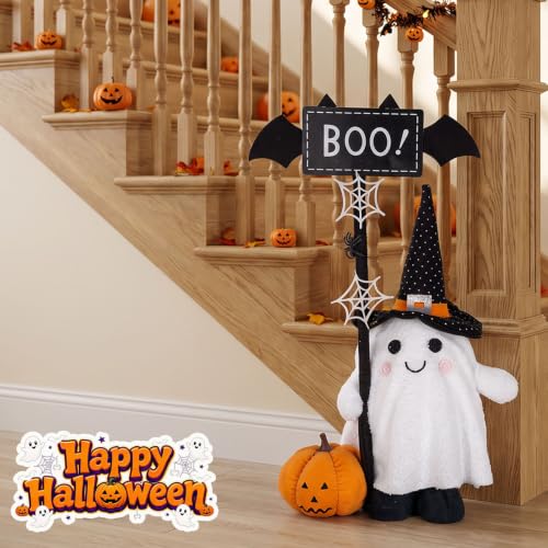 Halloween Ghost Plush Decor with Adjustable Sign and Pumpkin - Indoor Outdoor Welcome Ornament