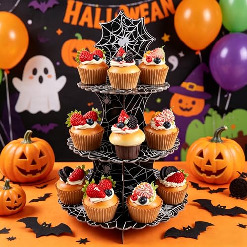 Halloween Spider Web Cupcake Stand - 3-Tier Gothic Dessert Tower with Spider Web Pattern, Black, Kids & Adults Party Decor - Variation: Spider Web