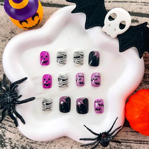 Halloween Press On Nails Short Fake Nails with Ghost Face & Mummy Design - Purple, 24 Pcs