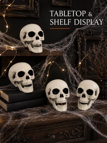 Halloween Skeleton Decor Set with 4 Plastic Skulls, Cobweb & 20 Spiders
