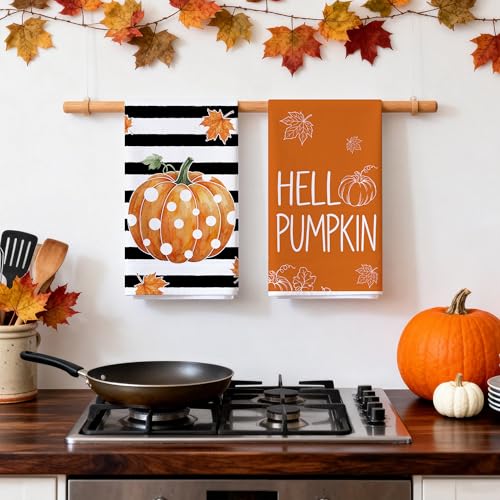 Pumpkin Stripe Fall Kitchen Towels Set of 2 - 18x28 Inches, Autumn Decor