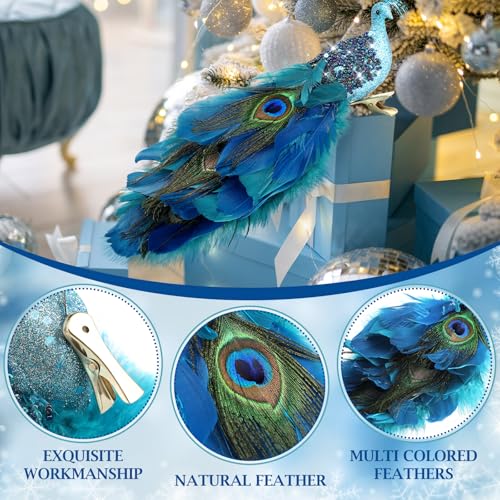 Peacock Christmas Tree Ornaments Set - Long Tail Feather Bird Decorations - Classic Style, 6 Pieces