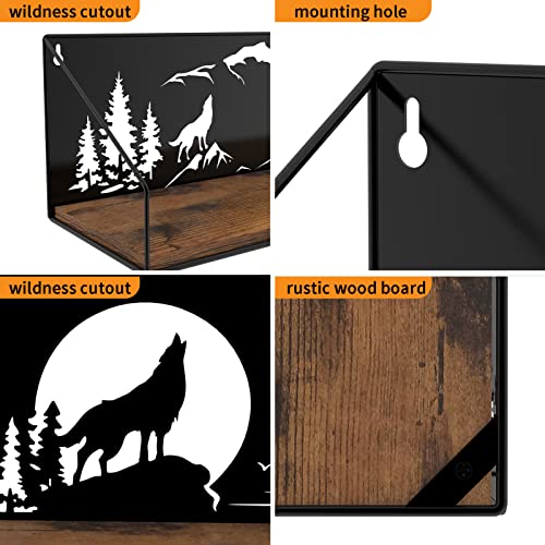 Giftgarden Wolf Shelves - Floating Wall Shelves with Howling Wolves Cutout Rustic Wood and Iron Decor for Cabin Bedroom Bathroom