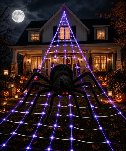 Purple LED Halloween Spider Web Lights with Giant Spider - Outdoor Decor
