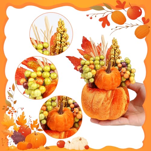 Artificial Velvet Pumpkins Set with Maple Leaves and Berries for Fall Thanksgiving Decor - 6 Pieces
