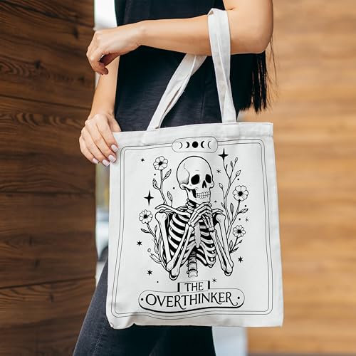 Grace Yonks Cute Canvas Tote Bag - The Overthinker Skeleton Reusable Bag