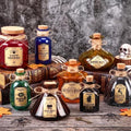 Retro Halloween Potion Bottles Set of 8 Glass Decor with Cork & Labels