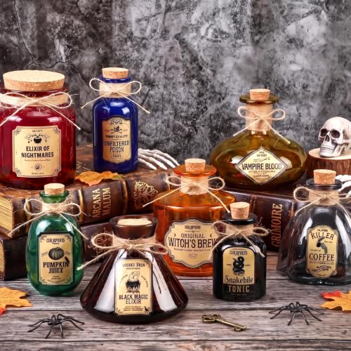 Retro Halloween Potion Bottles Set of 8 Glass Decor with Cork & Labels
