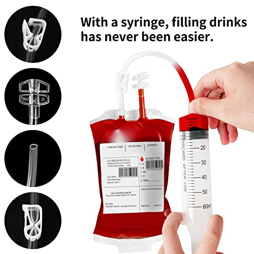Halloween Blood Bags Drink Set - 100 Bags Labels Clips Syringes, 300ml Reusable Pouches