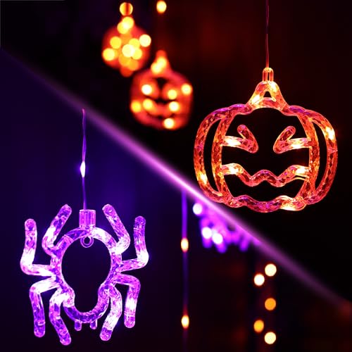 Halloween Window Curtain Lights with Spider and Pumpkin Decorations - Indoor String Lights, 8 Modes, Timer