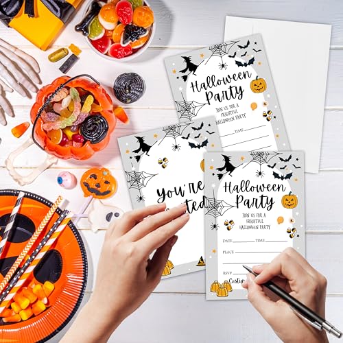 Halloween Party Invitations with Envelopes - Spider Web Pumpkin Black Cat - Black & White, Fill-In Style, Pack of 20