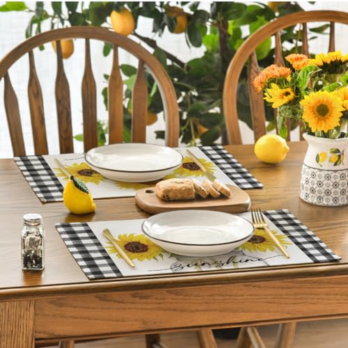 12x18 Inch Buffalo Plaid Sunflower Table Placemats Set of 4 Beige Summer Decor