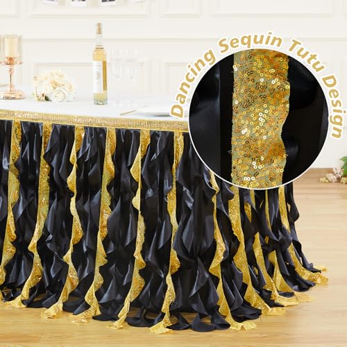 Black Gold 21ft Sequin Table Skirt for Rectangular Tables - Glitter Fringe Tutu Ruffle Party Decor