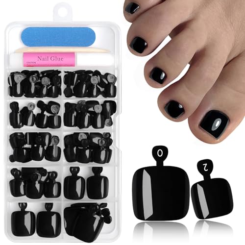 Black Short Square Press On Toenails Kit for Women - 144 Pcs with Adhesives & Nail Tools