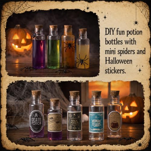 Halloween Potion Bottles Set - 24 Clear Plastic Bottles with Corks & Decorations