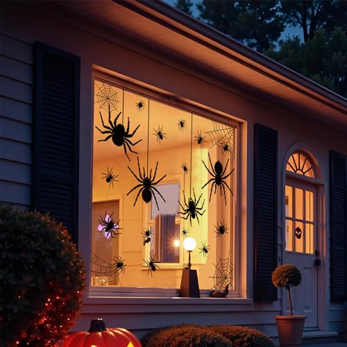 Halloween Window Clings Set - 9 Large Black Spider Web Silhouette Decals