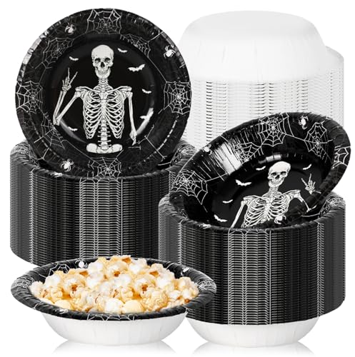 Halloween Paper Bowls 100-Pack - Spooky Skeleton Bat Web Snack Cups