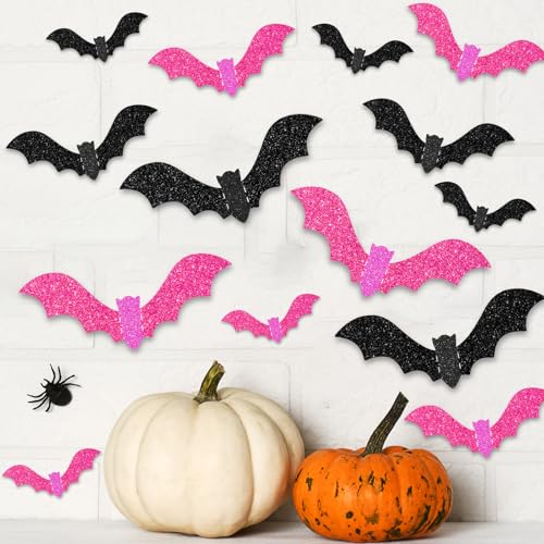 Halloween Wall Decor Bats Set - 3 Sizes Glitter Flying Bat Stickers for Party & Home