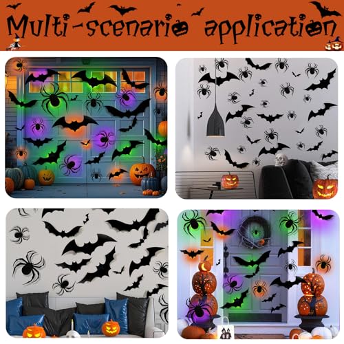 Halloween Wall Decor 3D LED Bats & Spiders Wall Stickers - 36 Pcs with Lights & Reusable Tape - Variation: 18 Bats + 18 Spiders