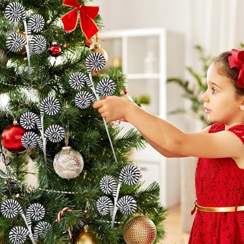 Christmas Tree Decorations Woolen Candy Picks with Bells - Black and White Stripes, 6 Pack