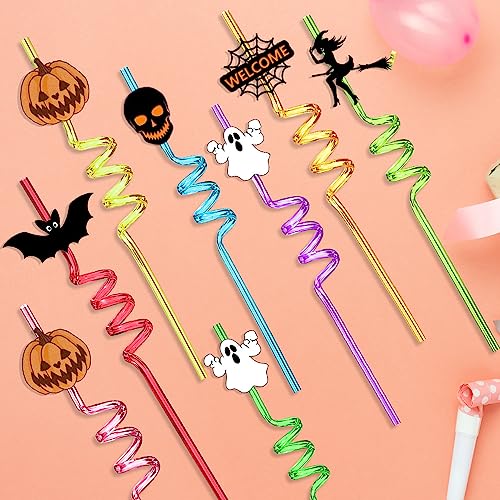 Halloween Crazy Straws Set - 24pcs with Pumpkin Ghost Bat Designs & 8 Colors + 2 Brushes