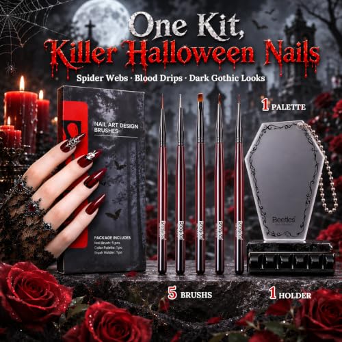 Halloween Nail Art Brushes Set - 5 Pcs Gel Polish & Dotting Tools with Brush Holder