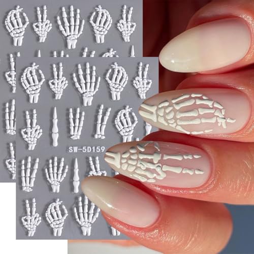 Halloween Skull Nail Art Stickers 5D Embossed Skeleton Decals for Nails - White