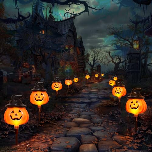 Solar Jack O Lantern Stake String Lights - Halloween Pathway Decor, Outdoor Waterproof Yard Lights