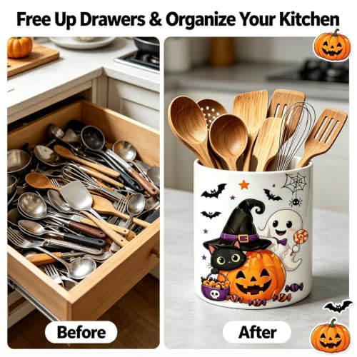 Halloween Ceramic Utensil Holder Extra Large Countertop Organizer - Colorful