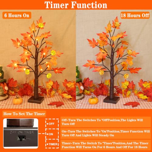 2 Pack Fall Decor 24 Inch Prelit Maple Tree with Pumpkins & LEDs - Timer