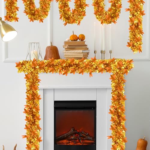 Gold Thanksgiving Tinsel Garland 66Ft Glitter Maple Leaf Decor for Autumn & Holiday Parties