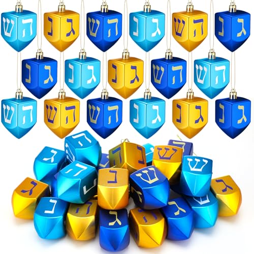 Hanukkah Dreidel Ornaments Set - 24 Plastic Holiday Decorations for Small Trees
