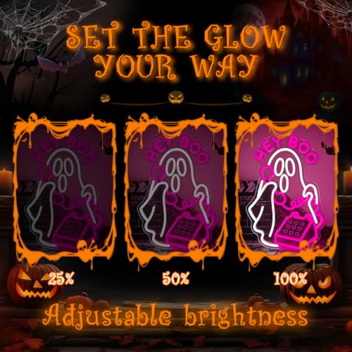 Hey Boo Halloween Neon Sign for Wall Decor Pink Ghost Dimmable USB LED