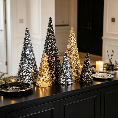 Black Gold Christmas Sequin Cone Tree Decorations Set - Tiered Holiday Tabletop Trees