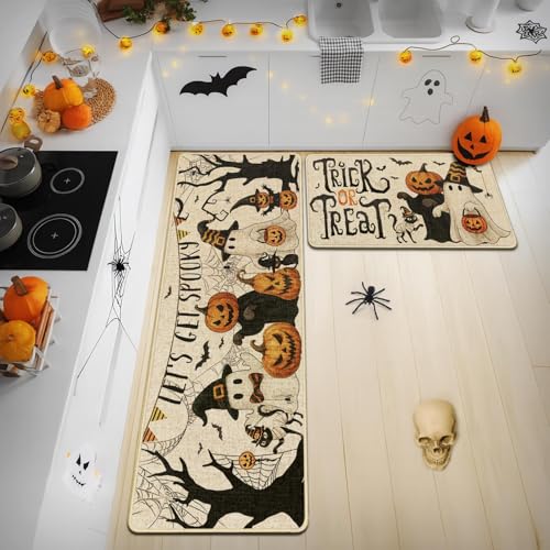 Halloween Pumpkin Kitchen Rugs Set of 2 Non Slip Washable - Fall Decor
