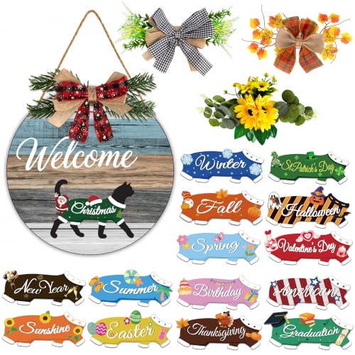 Interchangeable Welcome Sign with Black Cat & Seasonal Wreaths - Landscape, Magnetic Door Decor